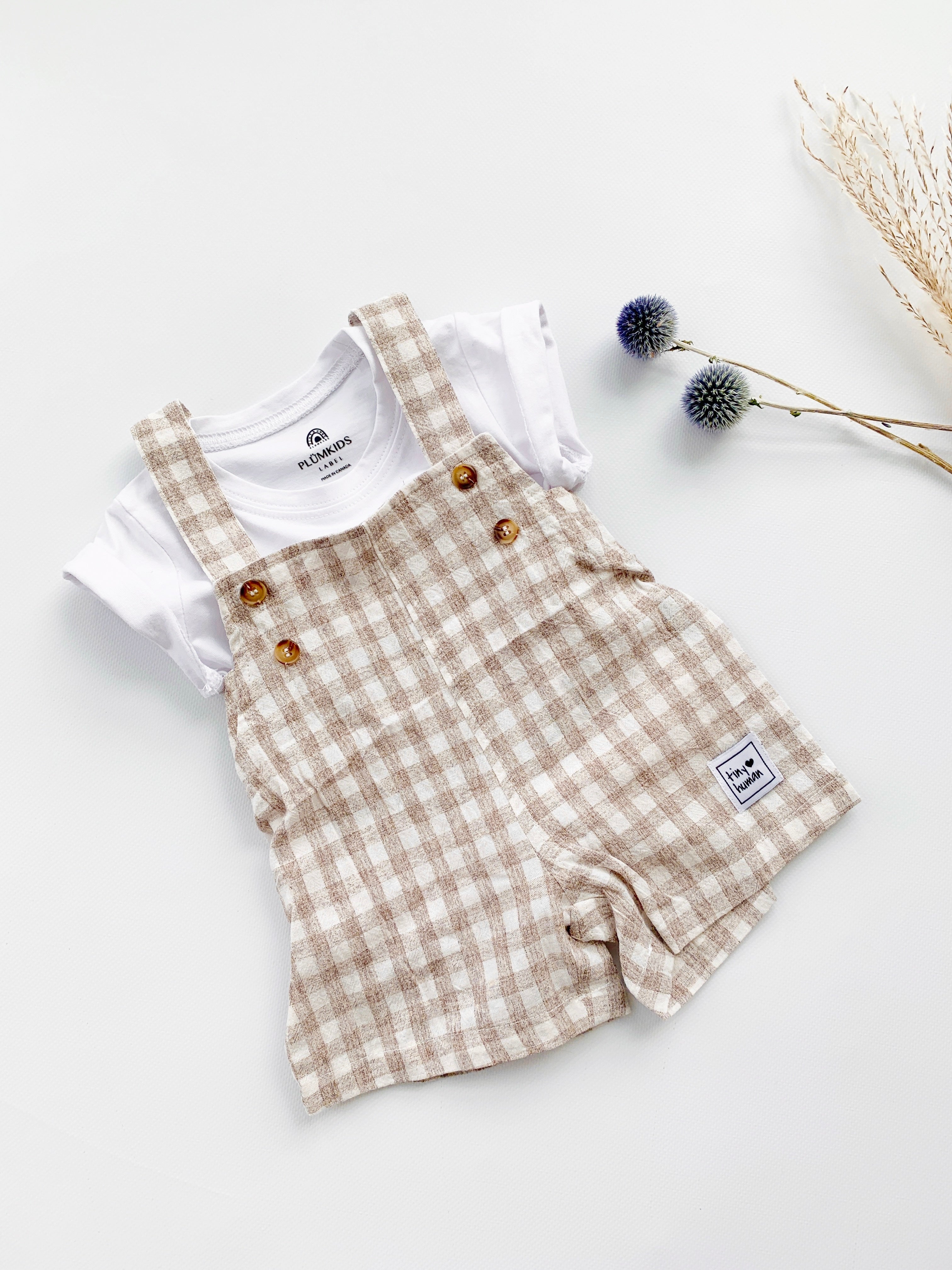GINGHAM DUNGAREES | TAUPE